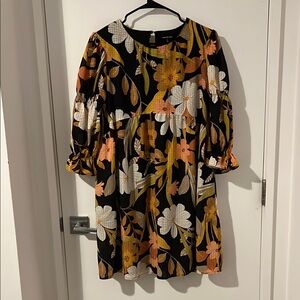 Floral Black Dress with Orange and Yellow Accents